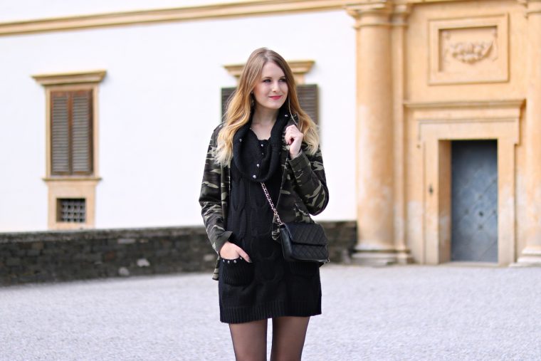 Schick mit Strick - das Strickkleid - Kombination mit schwarzen Strickkleid, Camouflage Jacke, Cross Body Bag und Chucks - Fashion - Mode - Otfit - Style - Tipps - Trends - Outfit Ideen - Streetstyle Tipps - Fashion Blog - Mode Blog aus Graz Österreich - Fashionladyloves by Tamara Wagner - Deutsche Modebloggerin